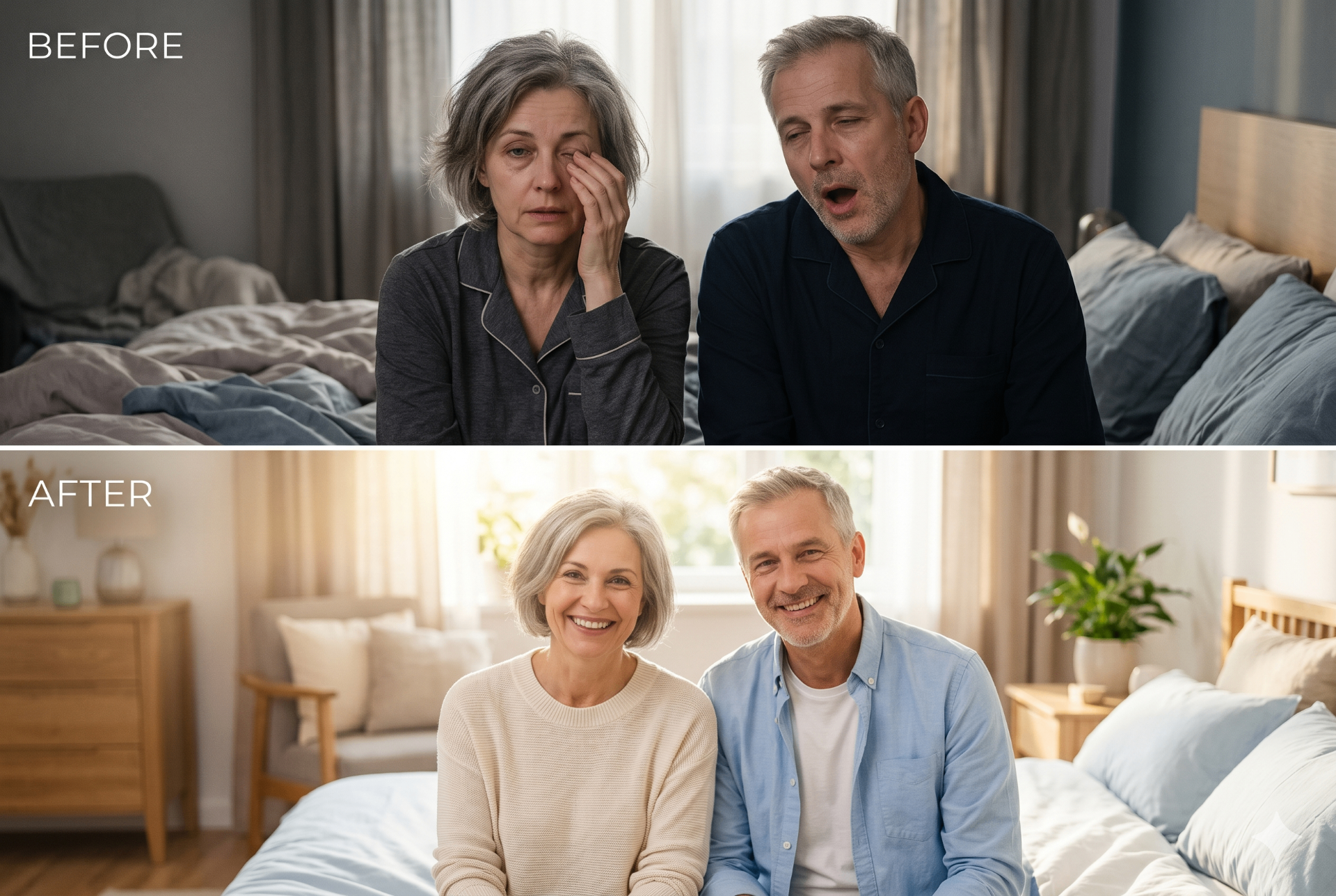 Before and after: a tired couple in the morning and the same couple looking refreshed and happy after restorative sleep.